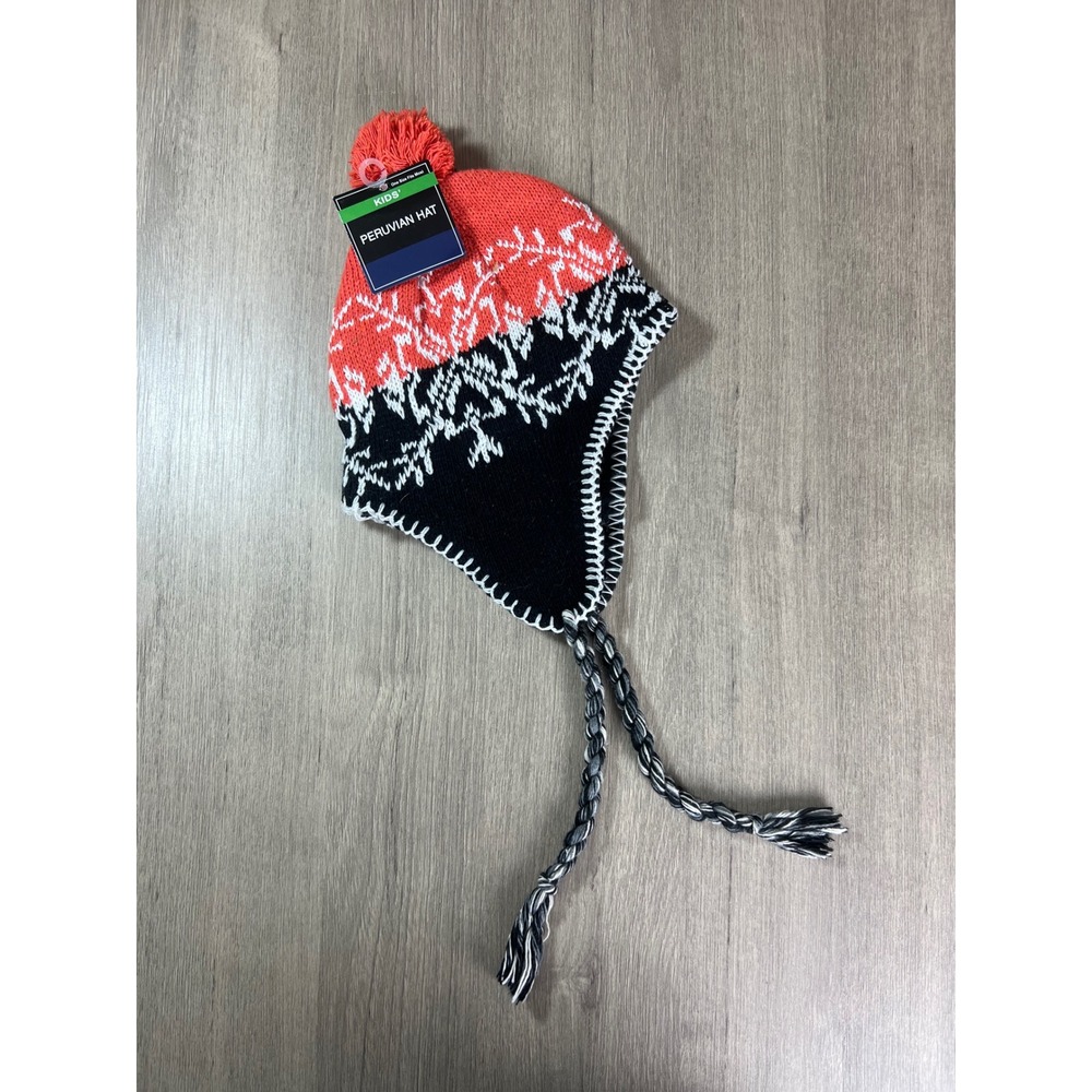 Greenbrier International Kids Peruvian Hat Orange Black Fair Isle Pom Beanie NWT